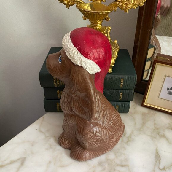 Vintage Ceramic Christmas Puppy Dog Brown Spaniel Santa Hat Handmade Sylvie - Picture 2 of 5